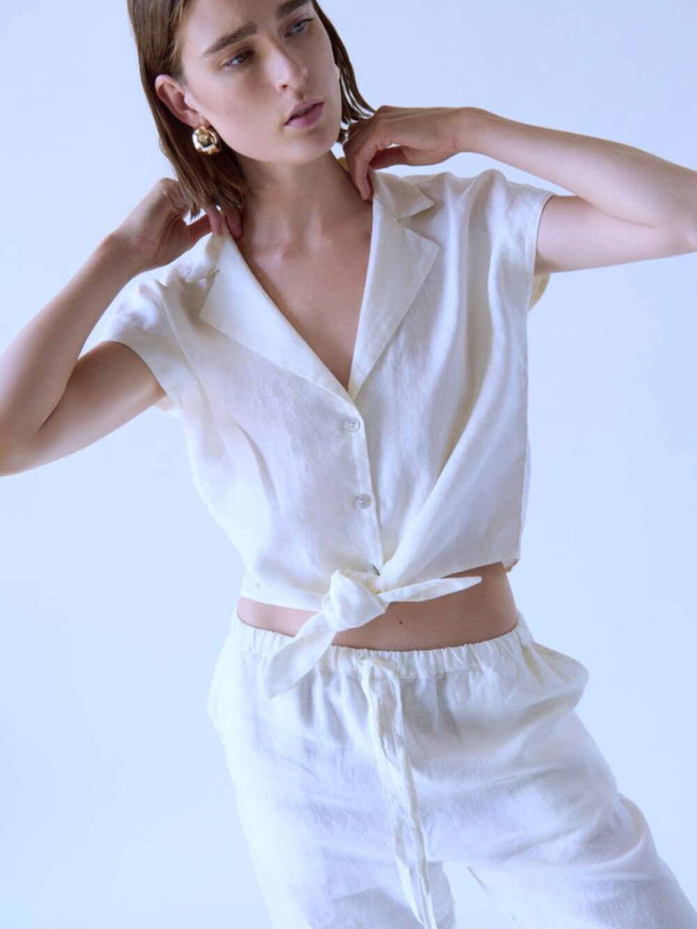 Nation Linen Noemi Tie Front Top, M, White, NWT